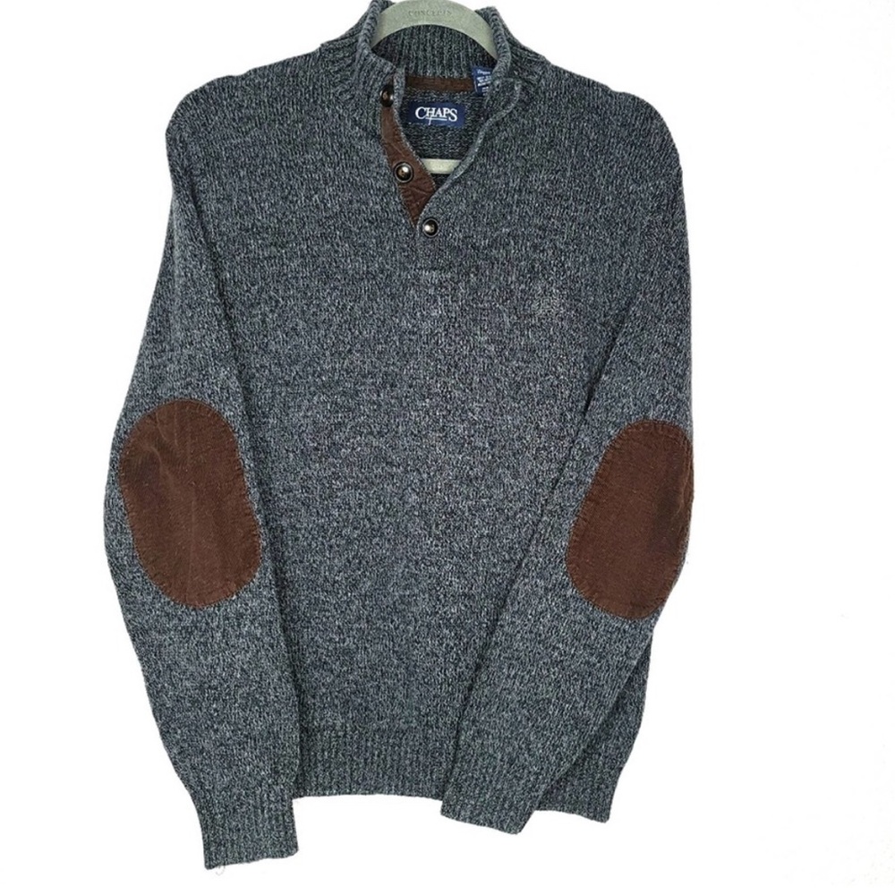 Chaps Grey/Brown Elbow Patch Mock Neck 100% Cotton Men's Pullover Sweater, Large